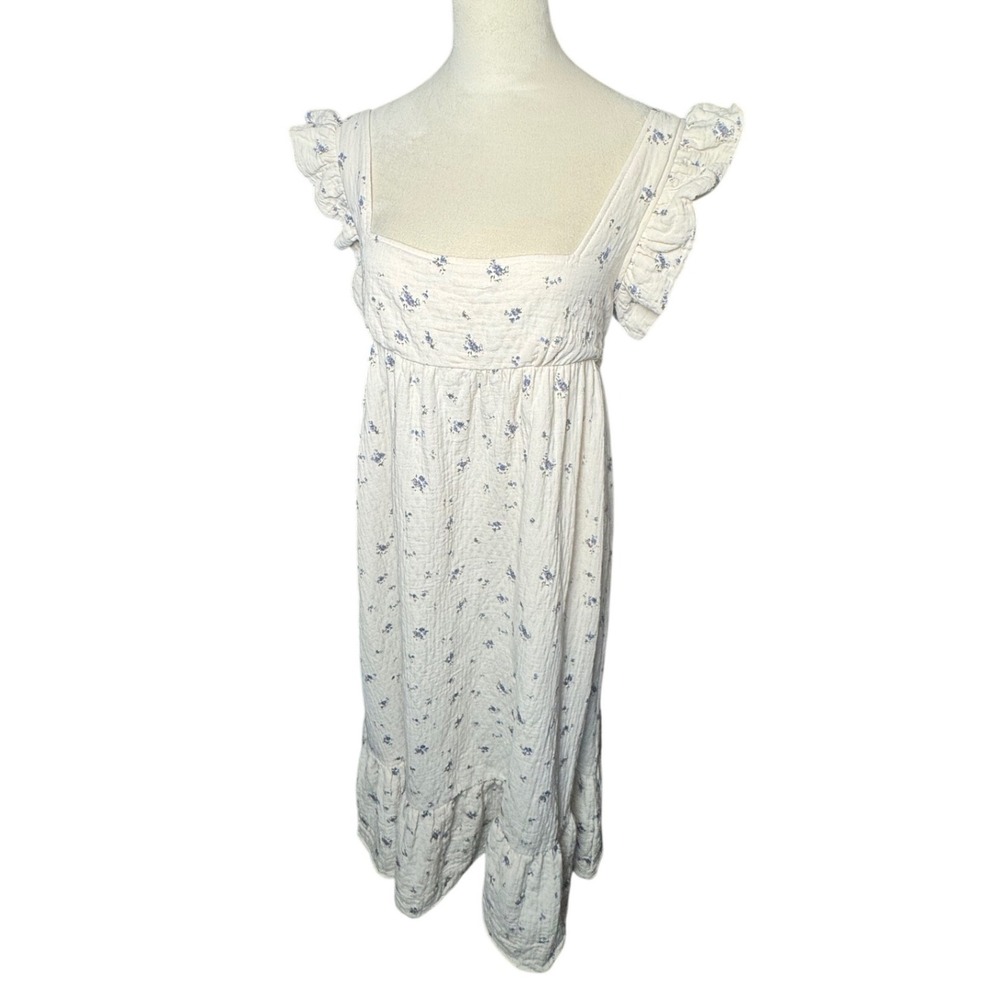 In the Beginning Floral Midi Dress L White Cotton Gauze Tie Back Prairie Boho